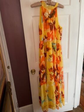 Tahari Yellow Orange Floral Maxi Dress